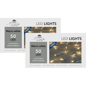 Set van 4x stuks kerstverlichting met timer 50 warm witte lampjes op batterijen - Lichtsnoer transparant met 50 leds