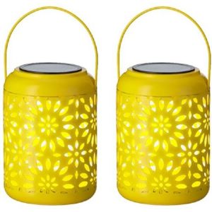 2x stuks solar lantaarn ijzer geel met hengsel 17 cm - Tuinlantaarns - Solarverlichting - Tuinverlichting
