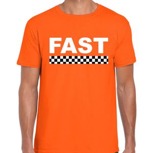 Fast coureur supporter / finish vlag t-shirt oranje voor heren -  race autosport / motorsport thema / race supporter met finish vlag