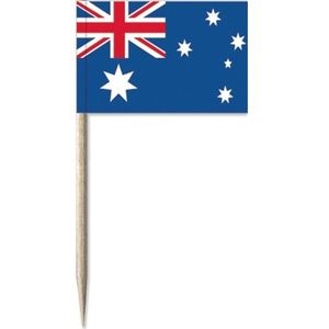 150x Cocktailprikkers AustraliÃ« 8 cm vlaggetje landen decoratie - Houten spiesjes met papieren vlaggetje - Wegwerp prikkertjes