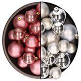 Kerstversiering kunststof kerstballen kleuren mix oud roze/zilver 6-8-10 cm pakket van 44x stuks