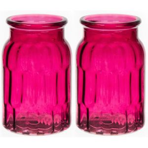 Bellatio Design Bloemenvaas - set van 2x - fuchsia roze - transparant glas - D12 x H18 cm - vaas