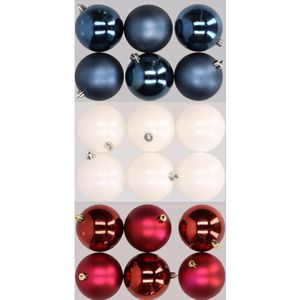 18x stuks kunststof kerstballen mix van donkerblauw, wit en donkerrood 8 cm - Kerstversiering