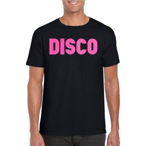 Bellatio Decorations Verkleed T-shirt heren - disco - zwart - roze glitter - jaren 70/80 - carnaval
