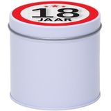 Cadeau/kado wit rond blik 18 jaar 10 cm - Snoepblikken - Cadeauverpakking voor verjaardag/jubileum