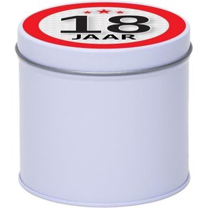 Cadeau/kado wit rond blik 18 jaar 10 cm - Snoepblikken - Cadeauverpakking voor verjaardag/jubileum