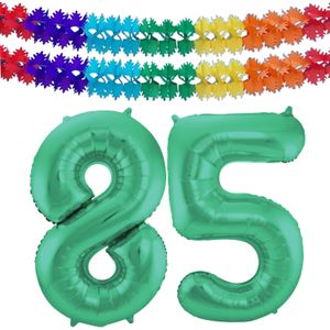 Folat folie ballonnen - Leeftijd cijfer 85 - glimmend groen - 86 cm - en 2x slingers