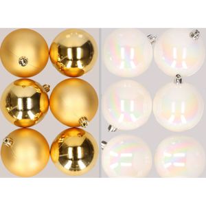 12x stuks kunststof kerstballen mix van goud en parelmoer wit 8 cm - Kerstversiering