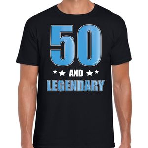 50 and legendary / Abraham verjaardag cadeau t-shirt / shirt - zwart met blauwe en witte letters - voor heren - 50ste verjaardag kado shirt / outfit / Abraham