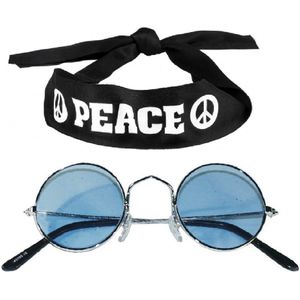 Hippie Flower Power verkleedset hoofdband met ronde glazen bril blauw
