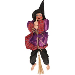 Halloween horror decoratie heksen pop op bezem - 44 cm - paars/rood - Versiering/feestartikelen