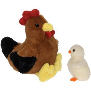 Pluche bruine kippen/hanen knuffel van 25 cm met wit pluche kuiken 12 cm - Paas/pasen decoratie