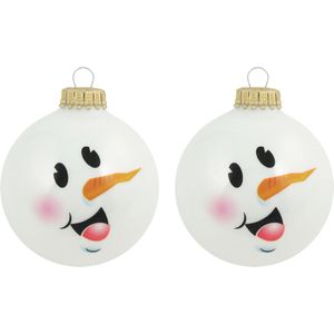 16x Luxe glitter witte glazen kerstballen sneeuwpop 7 cm - Kerstversiering/kerstdecoratie wit