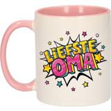 Liefste oma cadeau koffiemok / theebeker wit en roze met sterren - 300 ml - keramiek - cadeau beker / waardering mok