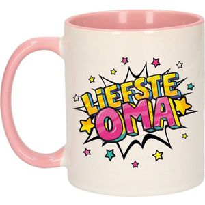 Liefste oma cadeau koffiemok / theebeker wit en roze met sterren - 300 ml - keramiek - cadeau beker / waardering mok