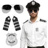 Carnaval verkleed set - politiepet - zwart - met epauletten/badge/zonnebril - heren/dames