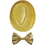 Carnaval verkleed set compleet - hoedje en vlinderstrikje - goud - heren/dames - glimmend - verkleedkleding