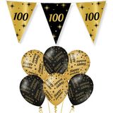 100 jaar verjaardag versiering pakket zwart/goud vlaggetjes/ballonnen