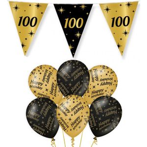 100 jaar verjaardag versiering pakket zwart/goud vlaggetjes/ballonnen