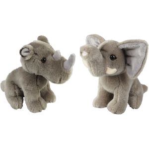 Ravensden - Knuffeldieren olifant en neushoorn pluche knuffels 18 cm