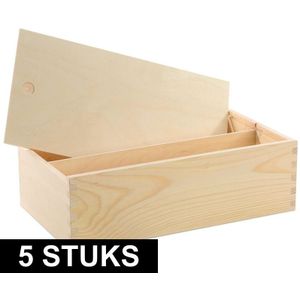 5x Houten wijnkisten/verpakkingen met schuifdeksel 35,5 x 20 x 10,8 cm - Wijnkistjes/wijndoosjes met dubbel vak - Relatiegeschenk/geschenkverpakkingen