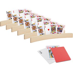 6x stuks Speelkaarthouders - inclusief 54 speelkaarten rood geruit - hout - 35 cm - kaarthouders