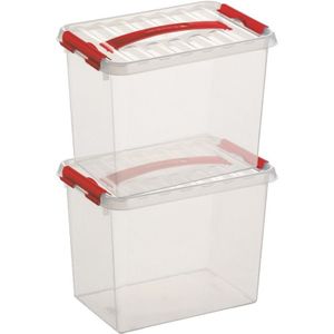 2x Sunware Q-Line opberg boxen/opbergdozen 9 liter 30 x 20 x 22 cm kunststof - Opslagbox - Opbergbak kunststof transparant/rood