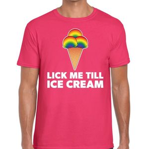 Lick me till ice scream gay pride t-shirt - roze shirt met tekst en regenboog ijsbolletjes voor heren - Gay pride
