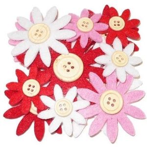 Hobby vilt 24 rood/wit/roze vilten bloemen met knoop 3-7 cm - Hobby en knutsel artikelen