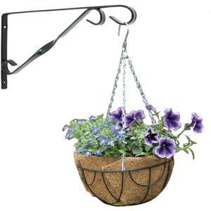 Hanging basket donkergroen 30 cm met klassieke muurhaak donkergrijs en kokos inlegvel - metaal - hangende bloempot set