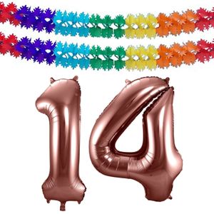 Folat folie ballonnen - Leeftijd cijfer 14 - brons - 86 cm - en 2x slingers