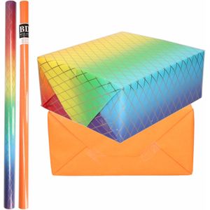 4x Rollen kraft inpakpapier regenboog pakket - oranje 200 x 70 cm - cadeau/verzendpapier