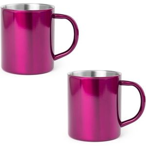 2x Drinkbeker/mok fuchsia 280 ml - RVS - Fuchsia mokken/bekers voor onbijt en lunch