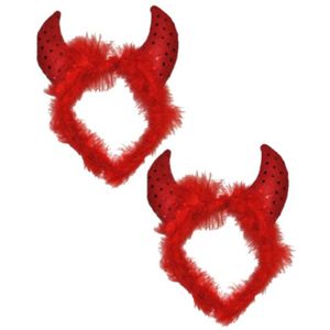 2x stuks duivel diadeem haarband met veren en pailletten - Carnaval/verkleed/vrijgezellenfeest