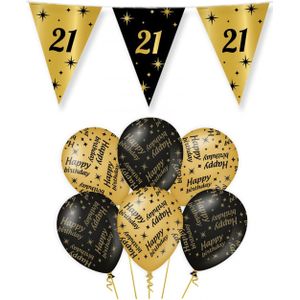 21 jaar verjaardag versiering pakket zwart/goud vlaggetjes/ballonnen