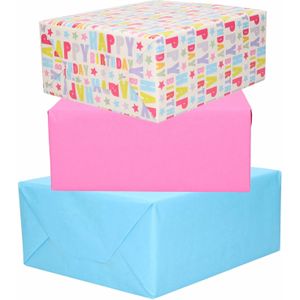 3x Rollen kraft inpakpapier roze/lichtblauw/happy birthday 200 x 70 cm - cadeaupapier / kadopapier / boeken kaften