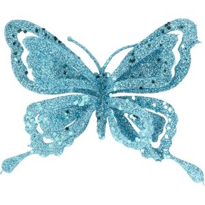 1x stuks decoratie vlinders op clip glitter ijsblauw 14 cm - Bruiloftversiering/kerstversiering decoratievlinders