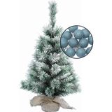 Klein kunst kerstboompje besneeuwd -incl. verlichting bollen blauw - H60 cm