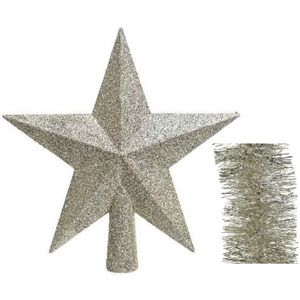 Kerstversiering kunststof glitter ster piek 19 cm en folieslingers pakket licht parel/champagne van 3x stuks - Kerstboomversiering