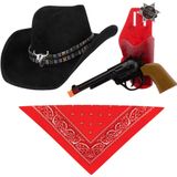 Carnaval verkleedset luxe model cowboyhoed Rodeo - zwart - hals zakdoek/revolver - voor volwassen
