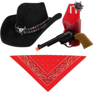 Carnaval verkleedset luxe model cowboyhoed Rodeo - zwart - hals zakdoek/revolver - voor volwassen