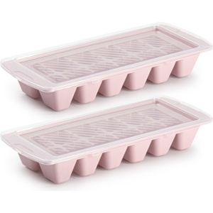 Set van 2x stuks IJsblokjes/ijsklontjes maken kunststof bakje met handige afsluitdeksel roze 28 x 11 cm