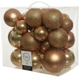 52x Camel bruine kunststof kerstballen 6-8-10 cm - Mix - Onbreekbare plastic kerstballen - Kerstboomversiering camel bruin