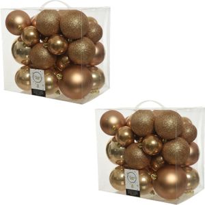 52x Camel bruine kunststof kerstballen 6-8-10 cm - Mix - Onbreekbare plastic kerstballen - Kerstboomversiering camel bruin