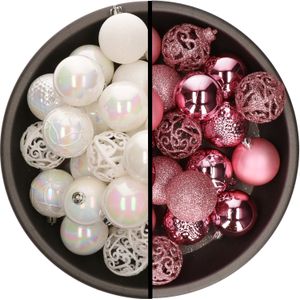 Kerstballen - 74x stuks - parelmoer wit en roze - 6 cm - kunststof