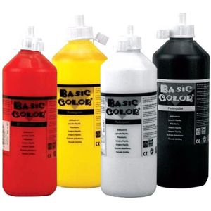 Set van 4x flessen Gele-Rode-Witte-Zwarte hobby knutselen kinder verf op waterbasis - 500 ml per fles - Schilderen/verfen