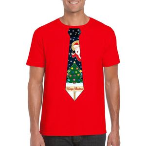 Rood kerst T-shirt voor heren - Kerstman en kerstboom stropdas print