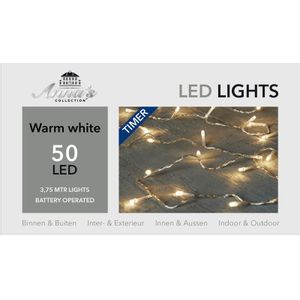 Kerstverlichting met timer 50 warm witte lampjes op batterijen - Lichtsnoer transparant met 50 leds