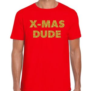 Foute Kerst t-shirt - X-mas dude - gouden glitter letters / rood voor heren - kerstkleding / Christmas outfit