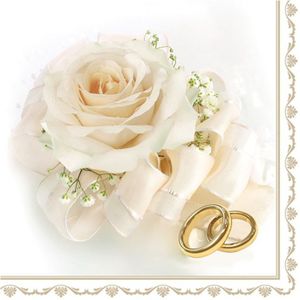 Maki bruiloft servetten - 60x st - 33 x 33 cm - witte roos en ringen - feestservetten